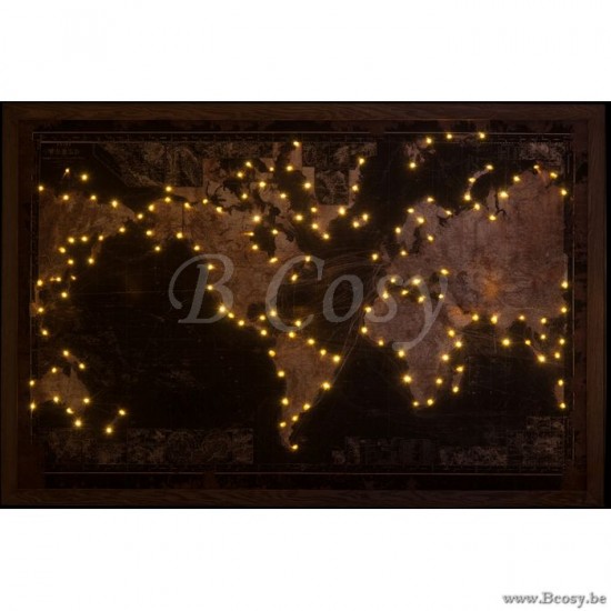 Toile cadre à led batterie mappemonde en bois noir et marron Kader wereldkaart LED voor aan de muur J LINE cartes universelles Jolipa Jline Cadre Led Batterie Mappemonde Bois Canvas Noir Marron