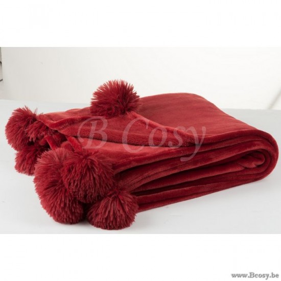 J Line plaids a franges Jolipa Plaid Pompon Polyester Rouge.