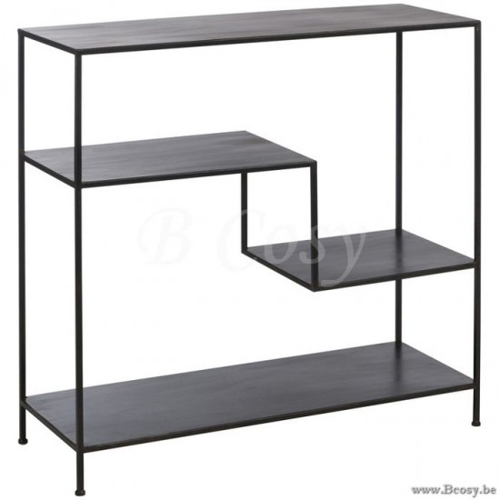 J Line 78463 loft stijl deco wandrek of wandtafel zwart metaal j line Zwart metalen Rek 3 Niveaus Metaal Zwart 100 consoles wandtafels