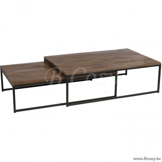 J Line 78553 loft stijl landelijke salontafel in hout en ijzer metaal Set van 2 geneste Salontafels bruin Hout en zwart metaal 120 koffietafels salontafels