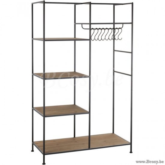 J Line halkapstok kledingrek met schappen j line Industrieel zwartstalen tekstiel hangrek met hout Textiel Rek Metaal Zwart 1 JO84917.