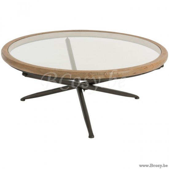 J Line 85718 Ronde salontafel Rond Hout Glas Bruin Large Ø100 koffietafels salontafels