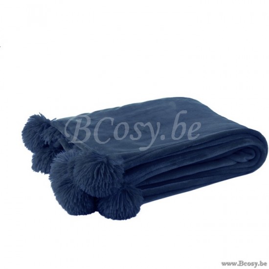 J Line 88505 pompons plaid donkerblauw j line Plaid Pompom Polyester Blauw 170x130 plaids deken dekens dekentjes quilts