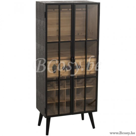 J Line 90231 Zwarte BARKAST 1 LADE Hout Glas Zwart 60 barmeubelen