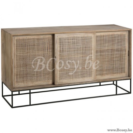 J Line 91010 Oosters Kast 3 Schuifdeuren Geweven Riet Mangohout Naturel 160 buffetten dressoirs dressoirkasten buffetkasten commodes commodekasten
