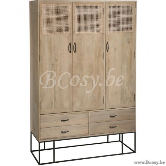 J Line 91013 Kast 3 Deuren Met 4 Lades Geweven Riet Mangohout Naturel 115 wandkasten