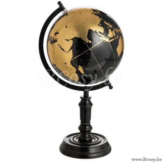 J Line 97956 Wereldbol Op Voet Hout Zwart Goud Medium 41H wereldbollen
