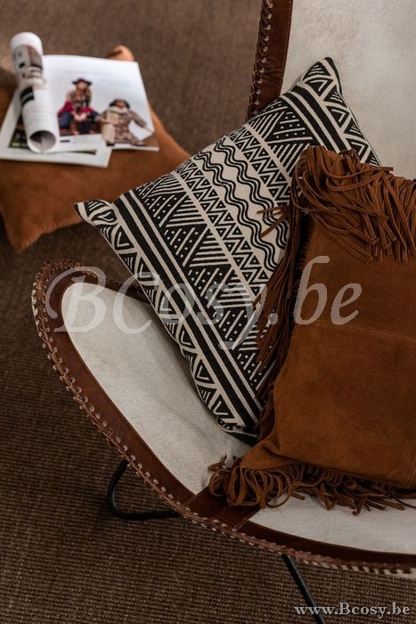 JLine J Line 98259 Kussen Franjes Vierkant Leer Cognac 45x45 sierkussens sierkussentjes