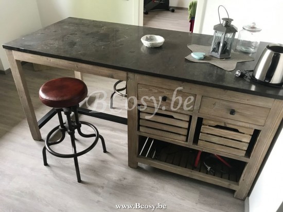 Kitchen island greenish pine with stone Prananatha