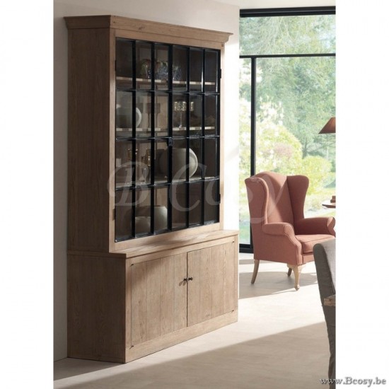 LANDELIJKE VITRINEKAST EIK MET SMEEDWERK RAAMDEUREN