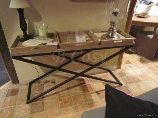 PR Interiors Landelijke Montevideo-Monteverdi Console met dienplateaus en zwarte stalen kruis in weathered oak-eik 140 PR-Rogiers-CRW/388/03