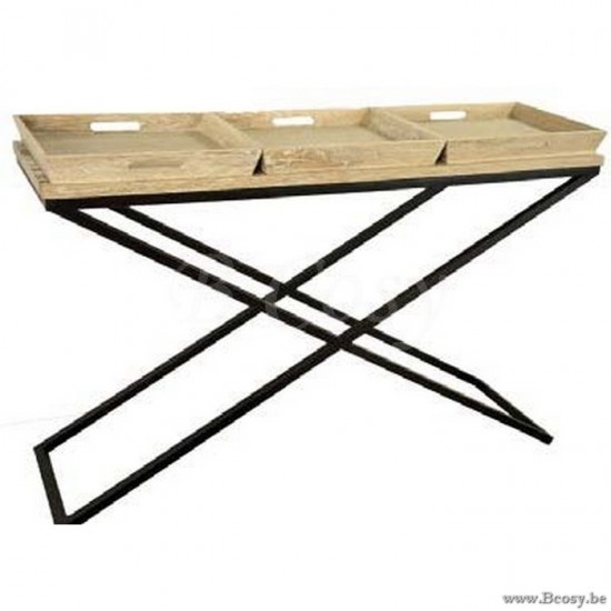 PR Interiors Landelijke Montevideo-Monteverdi Console met dienplateaus en zwarte stalen kruis in weathered oak-eik 140 PR-Rogiers-CRW/388/03