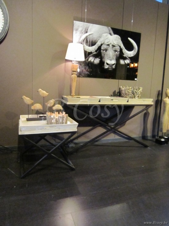 PR Interiors Landelijke Montevideo-Monteverdi Console met dienplateaus en zwarte stalen kruis in weathered oak-eik 140 PR-Rogiers-CRW/388/03