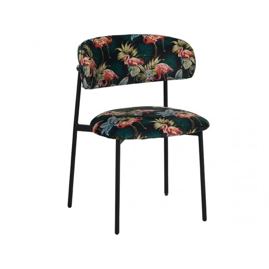 LABEL51 Eetkamerstoel Ferry Printed Flamingo Fluweel Zwart Metalen Frame.