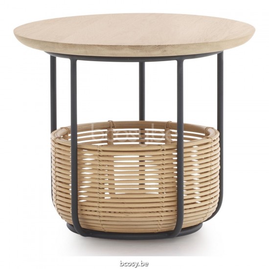 Vincent Sheppard Vivi Mand Bijzettafel Kleine Zwart Stalen frame Natuur Rotan Natuur Eiken Tafelblad.