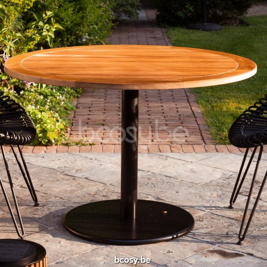 Vincent Sheppard Ronda Ronde Bistro Tafel Rond Zwart Stalen frame Onbehandeld Teak Houten Tafelblad.