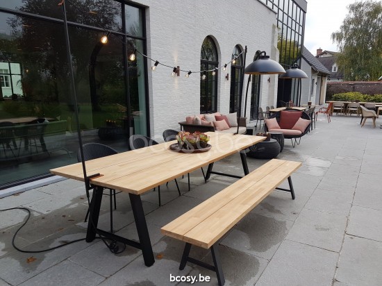 Vincent Sheppard Matteo 265x40 Banc cadre en Aluminium Noir dessus de table Teck Non traité.