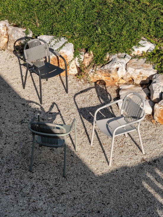 Vincent Sheppard Cleo fauteuils de jardin cadre en Aluminium Vert Sauge Corde Misty Dots Polypropylène.