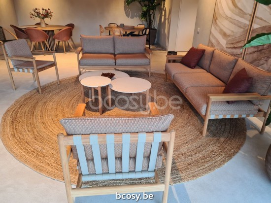 Vincent Sheppard Oda garden outdoor dining armchairs Untreated Teak frame Flax Strap Polypropylene.