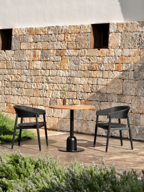 Vincent Sheppard Mona garden outdoor dining chairs Brushed Black Teak frame Black Wicker Polyethylene.