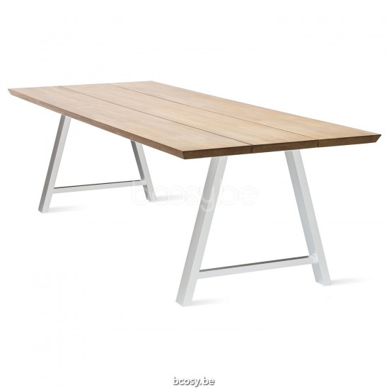 Vincent Sheppard Matteo Tuintafel 285x100 Dune White Aluminium frame Onbehandeld Teak Houten Tafelblad.