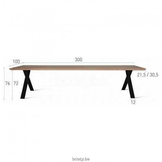 Vincent Sheppard Albert Dining Table Two-piece Top 300x100 Black Powder Coated Steel X frame Natural Oak top.