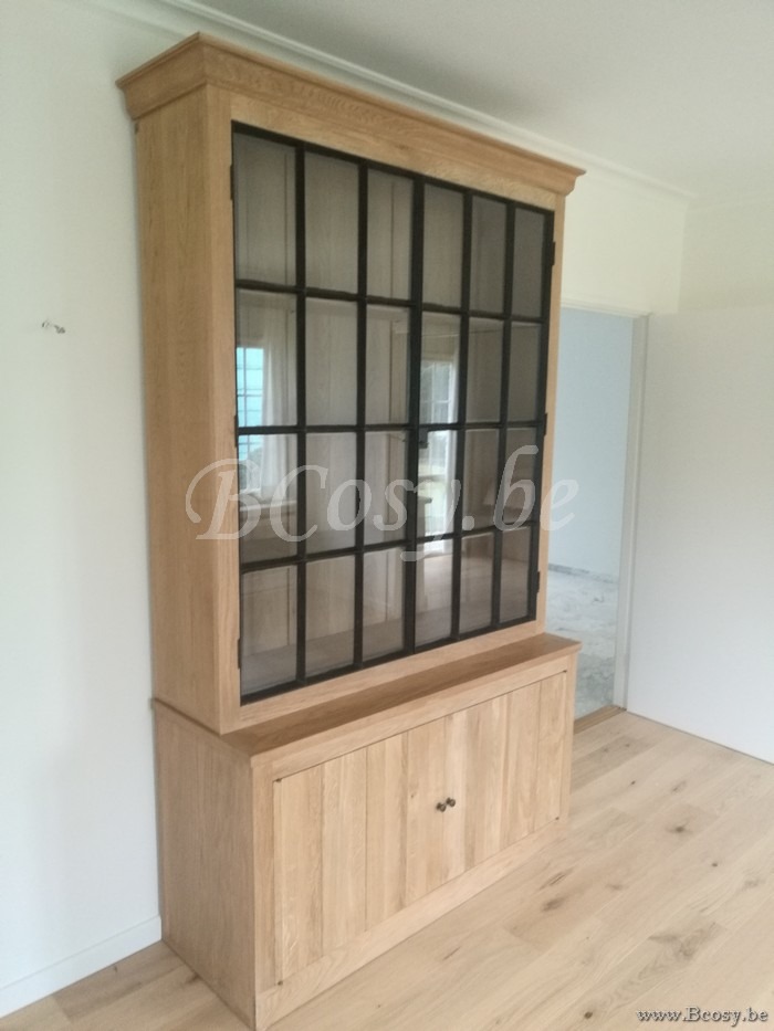 PR Interiors Landelijke Alice 150 eiken buffetkast vitrine kast vitrinekast in weathered oak-eik met zwarte stalen deuren zwart smeedijzer gesmeed staal 150 CRW/204/01 - Hoge kasten BCosy.be Lifestyle Webshop Boutique